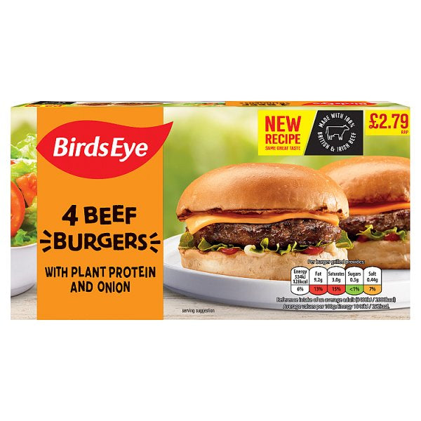 Birds Eye 4 Beef Burgers with Plant Protein and Onion 227g