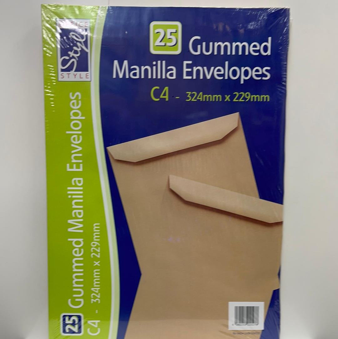 Gummed Manilla Envelope C4 324mmx229mm 25pk