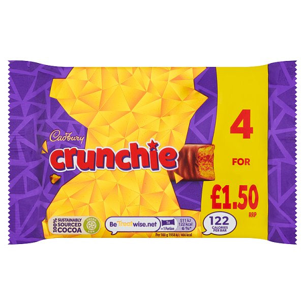 Cadbury Crunchie Chocolate Bar 4 Pack Multipack £1.50 PMP 104.4g