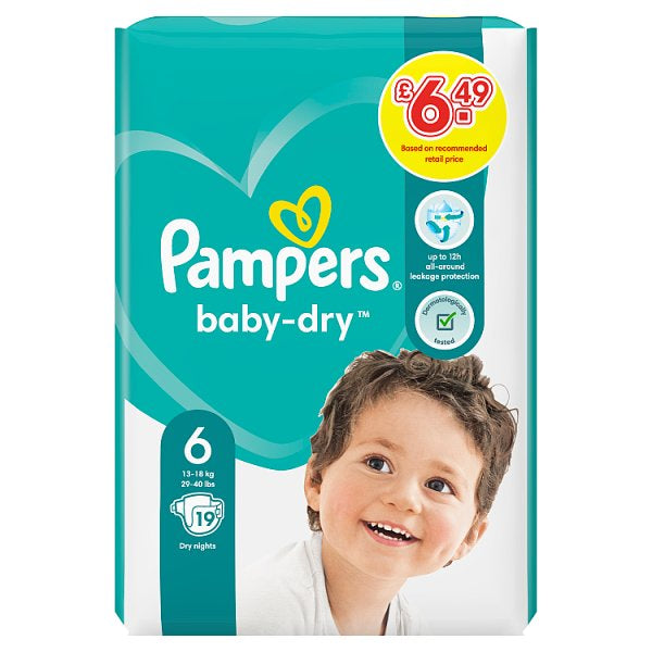 Pampers Baby-Dry Size 6, Nappies, 13kg - 18kg, Up To 12h Protection [PM £6.49 ]