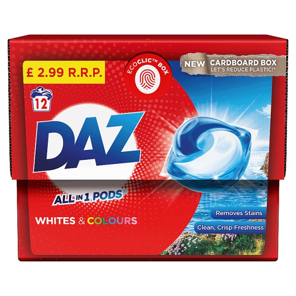 DAZ All-in-1 PODs Washing Liquid Capsules, 12 Washes, Whites & Colours