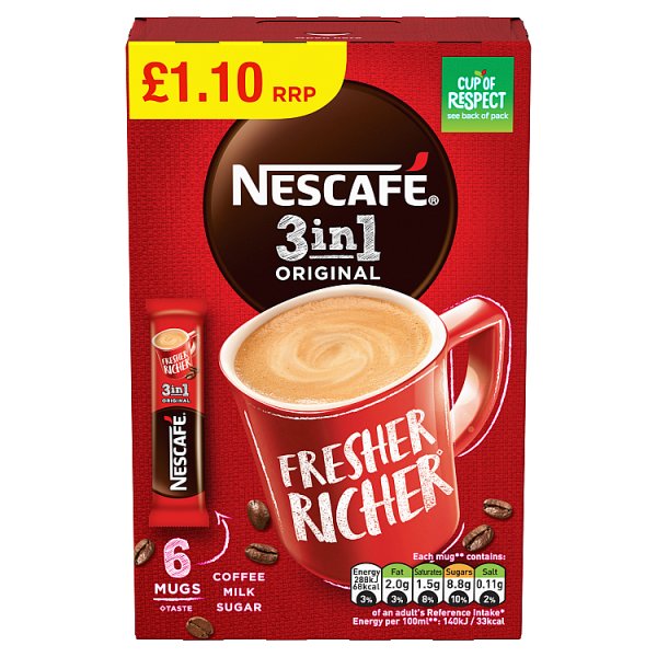 Nescafé 3in1 Original Coffee Milk Sugar 6 x 17g (102g)