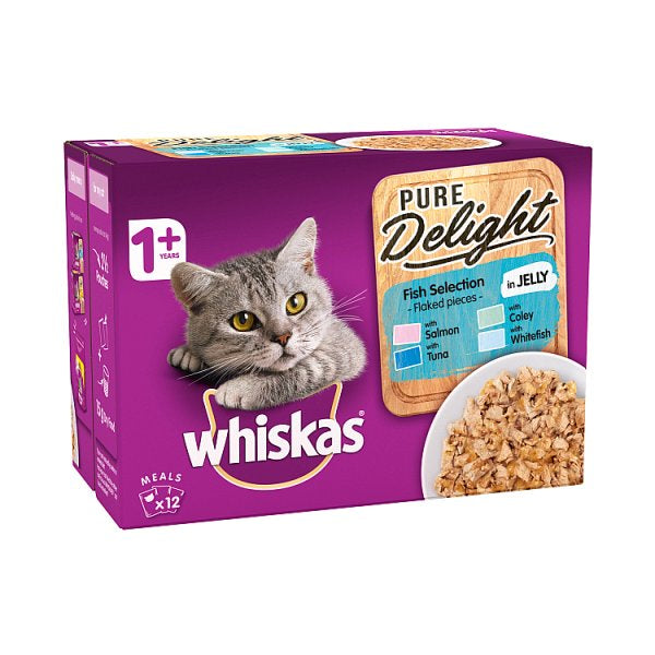 Whiskas Pure Delight Adult 1+ Wet Cat Food Pouches Mixed Fish Selection in Jelly 12 x 85g