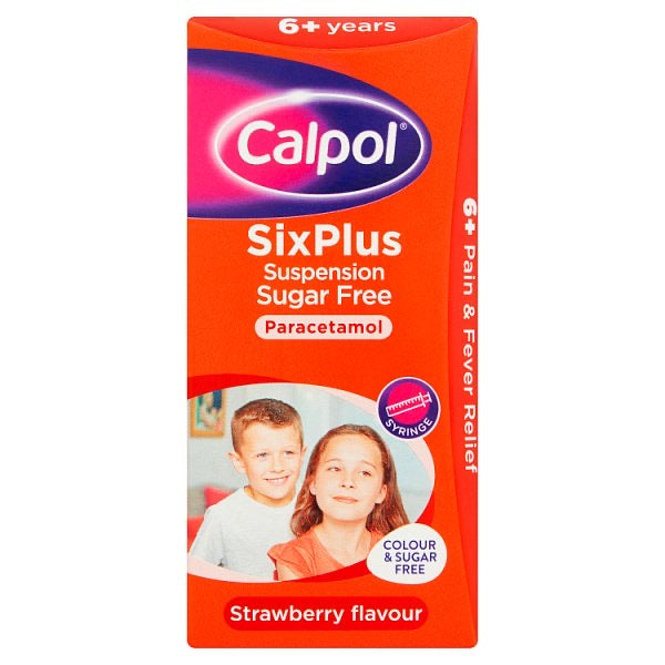 Calpol SixPlus Sugar Free Suspension, Paracetamol Medication, 6+ Years, Strawberry Flavour, 80ml